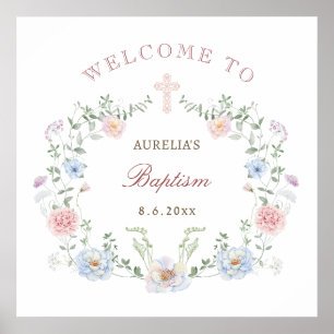 Elegant Floral Frame Baptism Welcome Poster