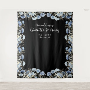 Elegant Floral Frame Black Wedding Photo  Backdrop Tapestry