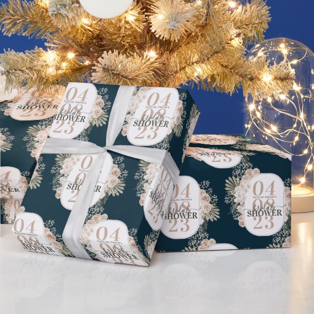 Elegant Floral Frame Bridal Shower Navy Blue Wrapping Paper (Holidays)