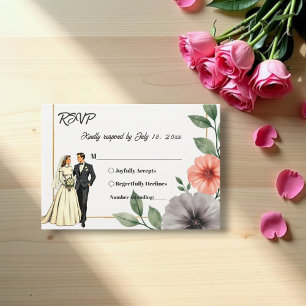 Elegant Floral Frame Bride And Groom Chic Wedding RSVP Card