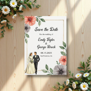 Elegant Floral Frame Bride And Groom Chic Wedding Save The Date