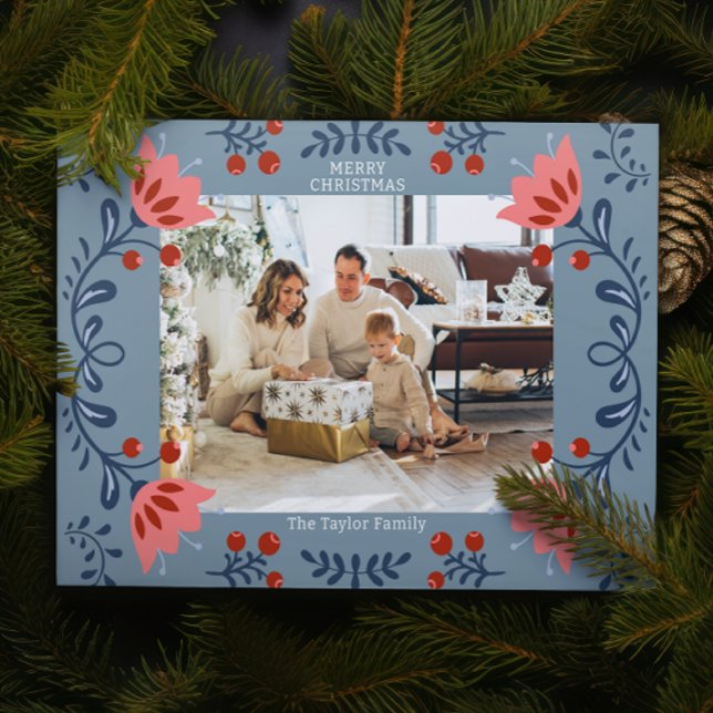 Elegant Floral Frame Christmas Photo Holiday Card (Elegant Floral Frame Christmas Photo Holiday Cards from Ricaso. Add your own photograph and text)