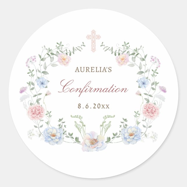 Elegant Floral Frame Confirmation Classic Round Sticker (Front)