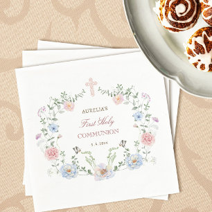 Elegant Floral Frame First Communion Napkin