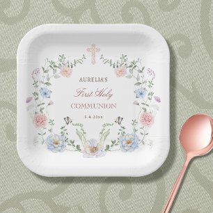 Elegant Floral Frame First Communion Paper Plate
