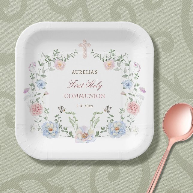 Elegant Floral Frame First Communion Paper Plate (Creator Uploaded)