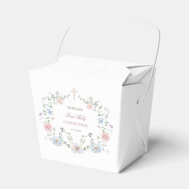 Elegant Floral Frame First Communion Take Out Favour Box (Front Side)