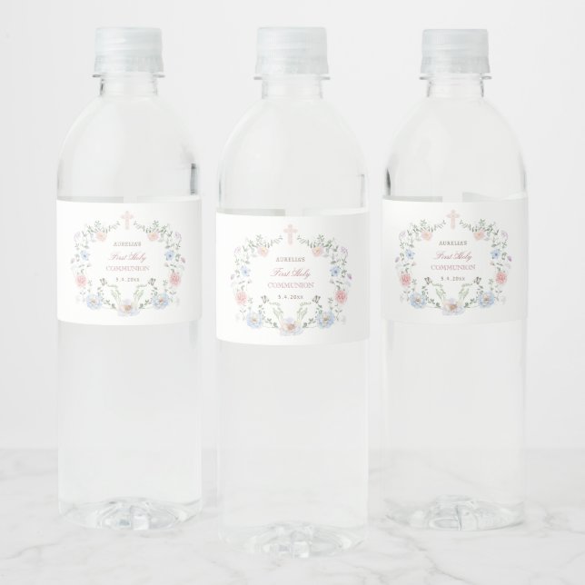 Elegant Floral Frame First Communion Water Bottle Label (Bottles)