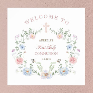 Elegant Floral Frame First Communion Welcome Poster