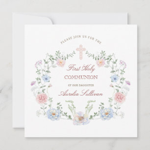 Elegant Floral Frame First Holy Communion Square Invitation