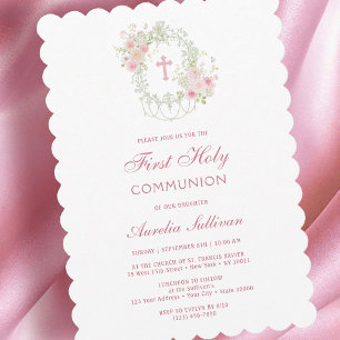 Elegant Floral Frame Holy Cross First Communion Invitation