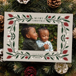 Elegant Floral Frame Horizontal Christmas Photo  Holiday Card<br><div class="desc">This gorgeous holiday photo card conjures up all the cosy Christmas feelings, boasting a hand drawn floral frame in traditional Christmas colours of deep green, burgundy red, and ivory over a custom colour background (shown in sand beige). The back of the card contains more text templates for a personalised message,...</div>