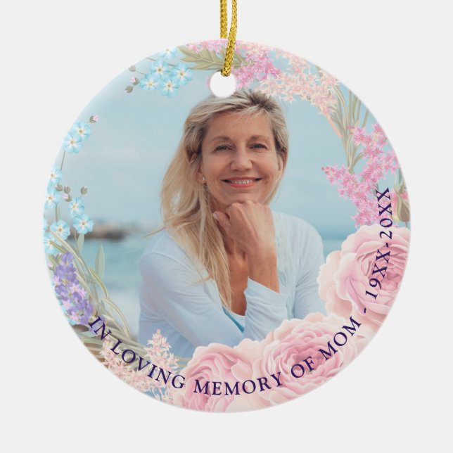 Elegant Floral Frame In Loving Memory Photo Ceramic Ornament (Front)