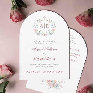 Elegant Floral Frame Monograms Catholic Wedding Invitation