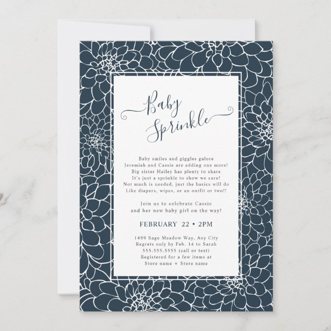 Elegant Floral Frame Navy Baby Sprinkle Invitation (Front)