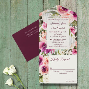 Elegant Floral Frame Pink Blush Purple Peach White All In One Invitation