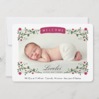Elegant Floral Frame Plum Baby Girl Photo Birth