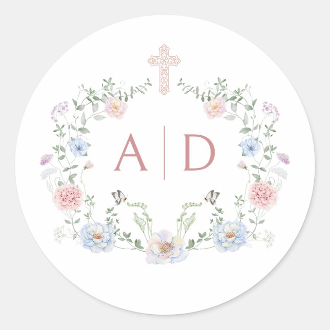 Elegant Floral Frame Religious Wedding Monograms Classic Round Sticker (Front)