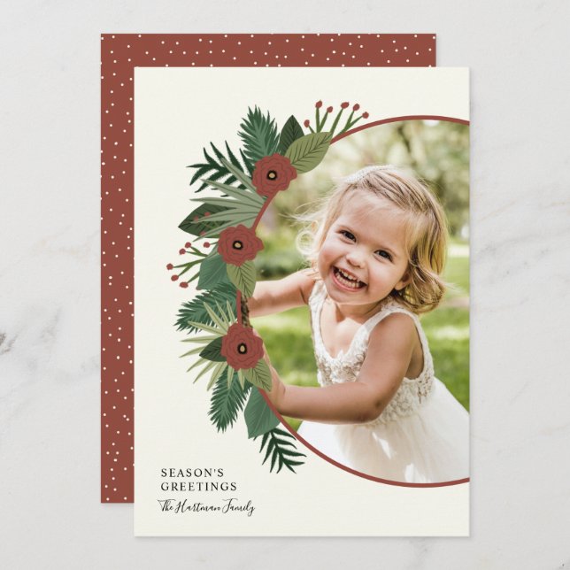 Elegant Floral Frame Season's Greetings Photo Holiday Card (Front/Back)