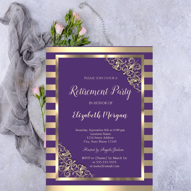 Elegant Floral Frame Striped Purple Retirement Invitation (Creator Uploaded)