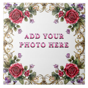 Elegant Floral Frame with Gold and Red Rose Ceramic Tile