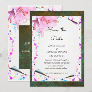 Elegant floral frame with grunge patina background save the date