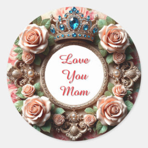 Elegant Floral Frame With Roses, Jewels Classic Round Sticker