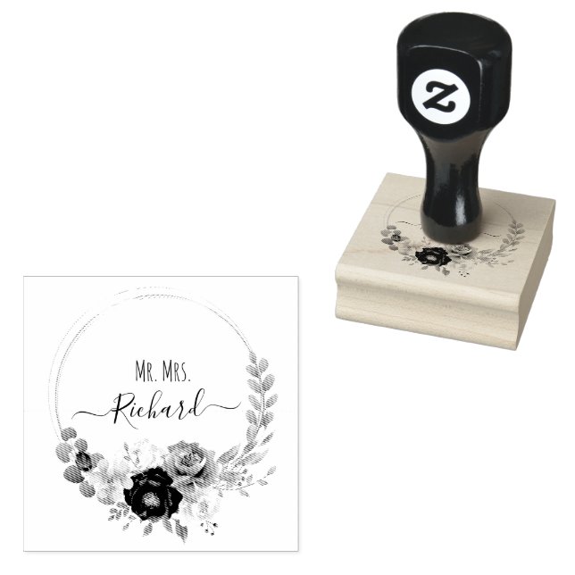 Elegant Floral Frane Monogram Wedding  Rubber Stamp (Stamped)