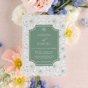 Elegant Floral French Toile Sage Green Wedding Invitation