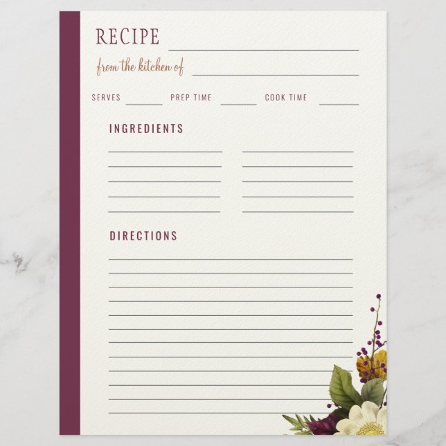 Elegant floral from the kitchen of blank recipe custom letterhead (Front)