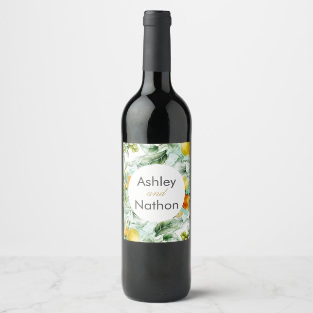 Elegant floral & Fruits watercolour summer Wedding Wine Label (Front)