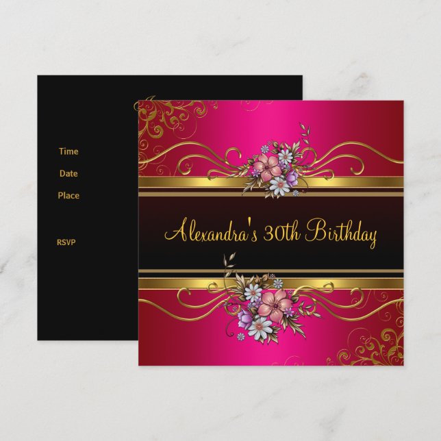 Elegant Floral Fuchsia Pink Gold Jewel Birthday Invitation (Front/Back)