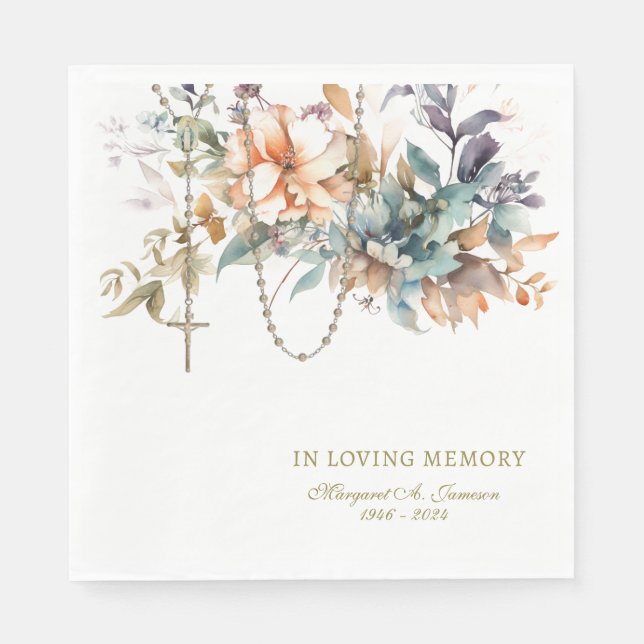 Elegant Floral Funeral Catholic Rosary Memorial  Napkin (Front)