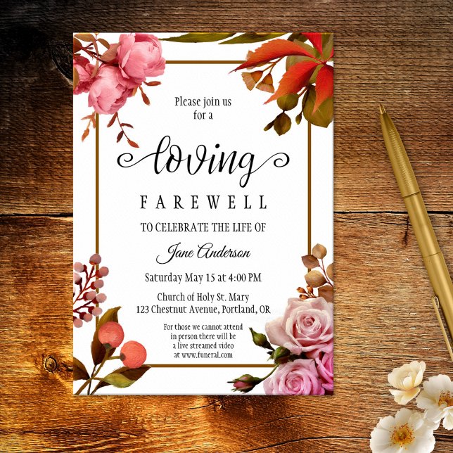 Elegant Floral Funeral Memorial Service Invitation (Elegant floral memorial or funeral service invitation featuring a painting of flowers and berries)