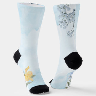 Elegant Floral Garden Blue Butterfly Crew Socks | 