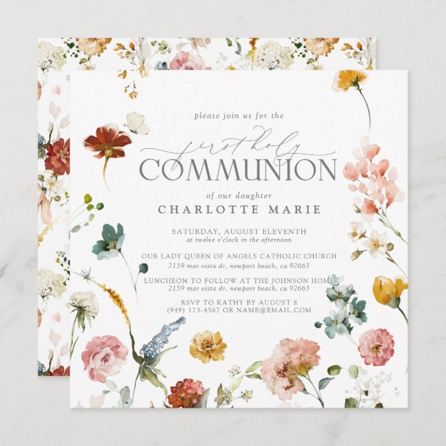 Elegant Floral Garden First Holy Communion Girl  Invitation (Front/Back)