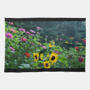 Elegant floral garden sunflowers zinnia mums  tea towel