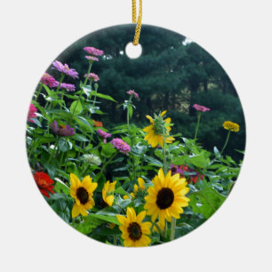 Elegant floral garden sunflowers zinnias daisies  ceramic ornament