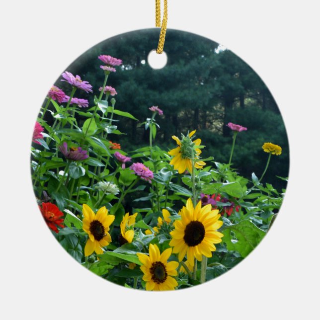 Elegant floral garden sunflowers zinnias daisies  ceramic ornament (Front)