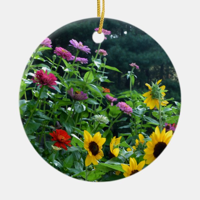 Elegant floral garden sunflowers zinnias daisies  ceramic ornament (Front)