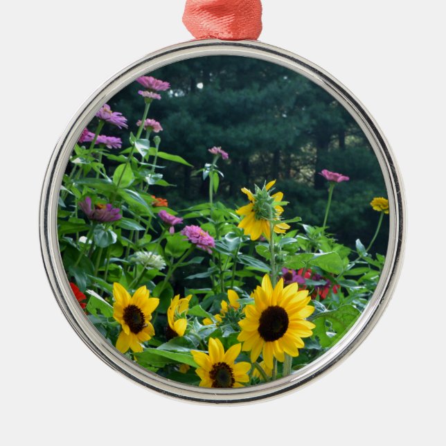 Elegant floral garden sunflowers zinnias daisies  metal ornament (Front)