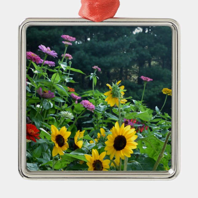 Elegant floral garden sunflowers zinnias daisies  metal ornament (Front)