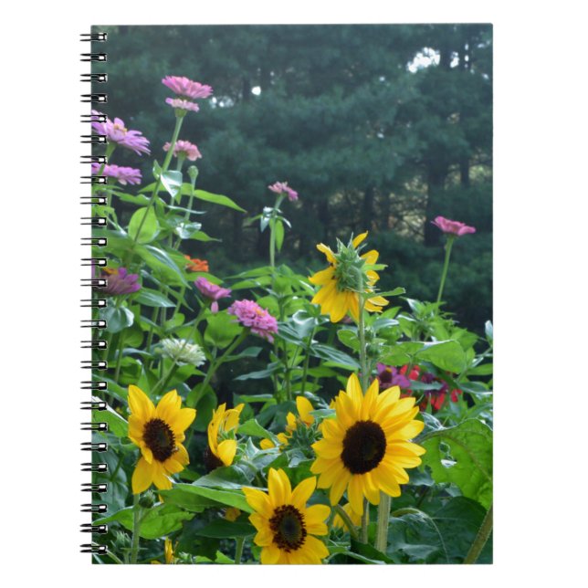 Elegant floral garden sunflowers zinnias daisies  notebook (Front)