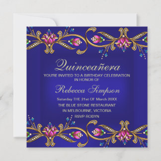 Elegant Floral Gem Blue Quinceañera Invite