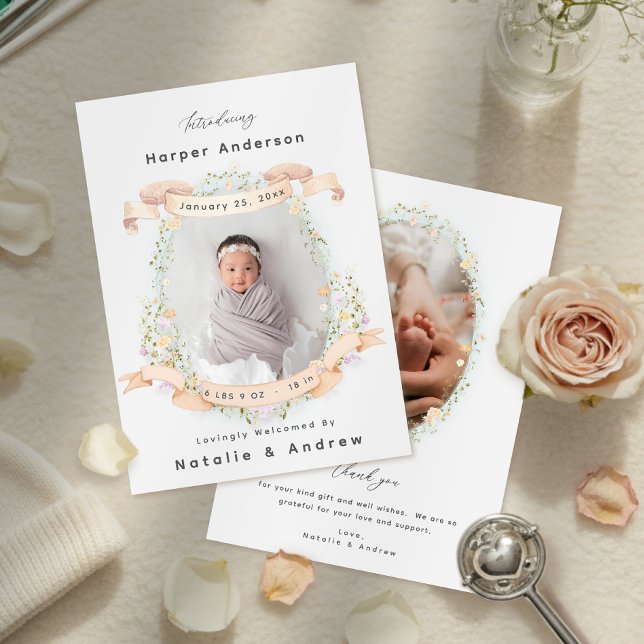 Elegant Floral Gender Neutral Newborn Baby Birth Announcement (Elegant Floral Gender Neutral Newborn Baby Birth Announcement)