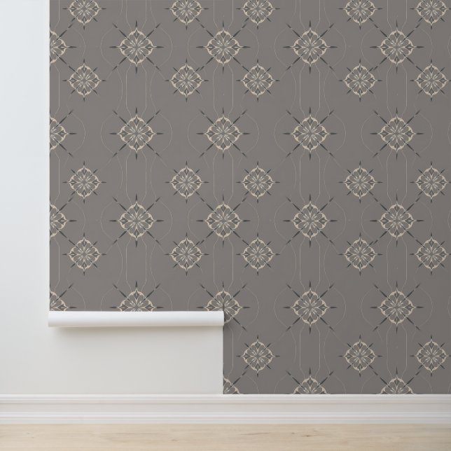 Elegant Floral Geometric Pattern on Grey Wallpaper (Application)