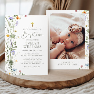 Elegant Floral Girl Baptism and Christening Photo Invitation
