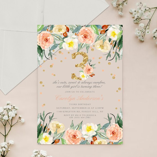 Elegant Floral Girls 3rd Birthday Acrylic Invitations (Creator Uploaded)