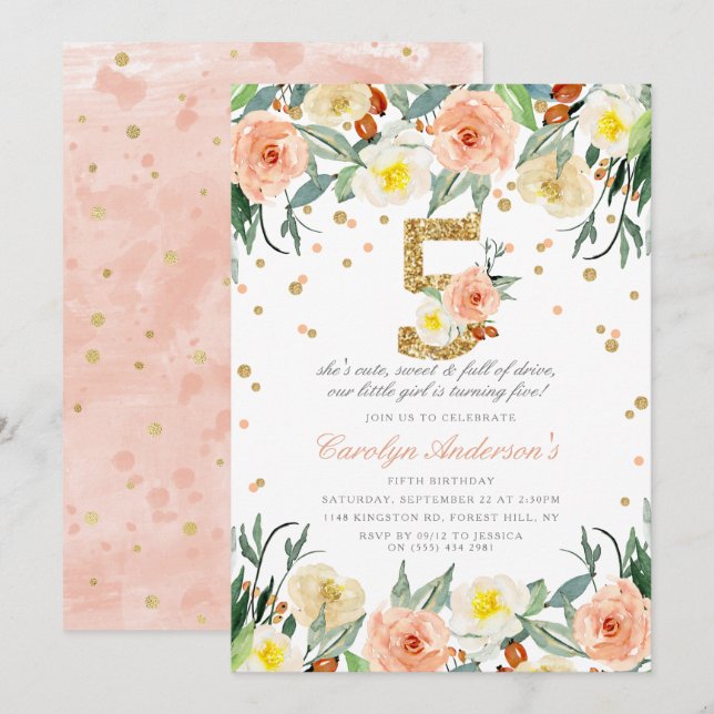 Elegant Floral Girls 5th Birthday Invitations (Front/Back)