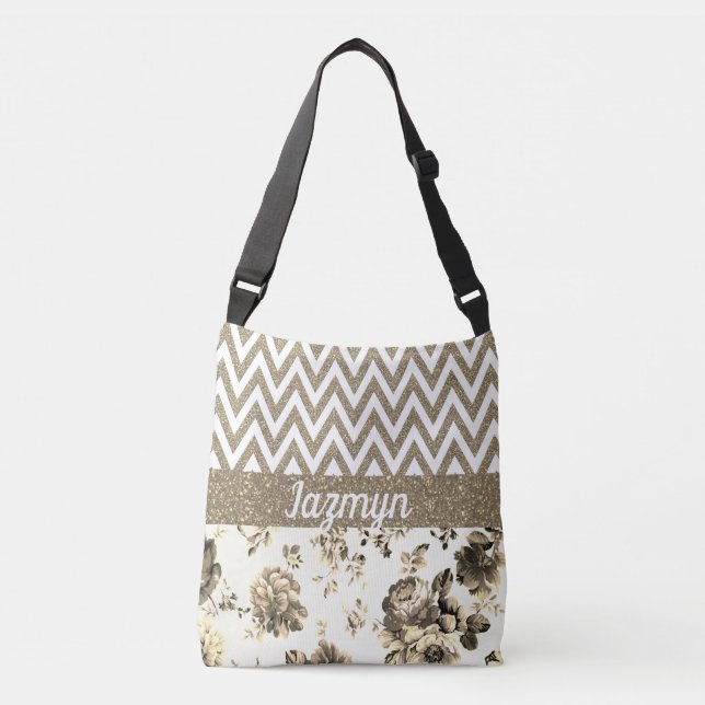 Elegant Floral Glittery Chevron Personalised Crossbody Bag (Front)